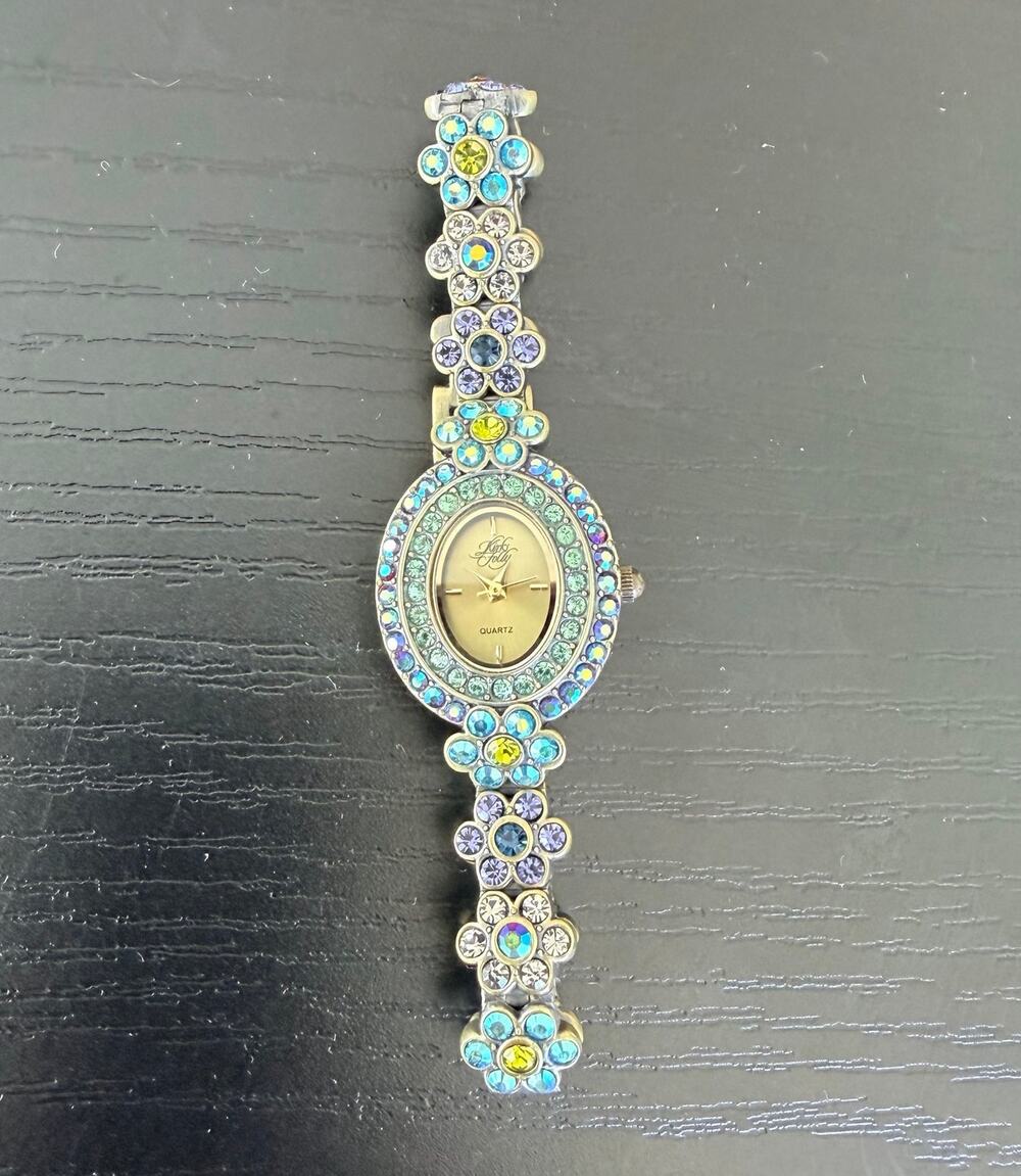 Vintage Kirks Folly Crystal Flower Bracelet Quartz Watch Rhinestone Floral Links